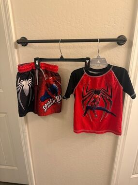 Disney Red & Black Spider-Man Rash Guard Swim Set